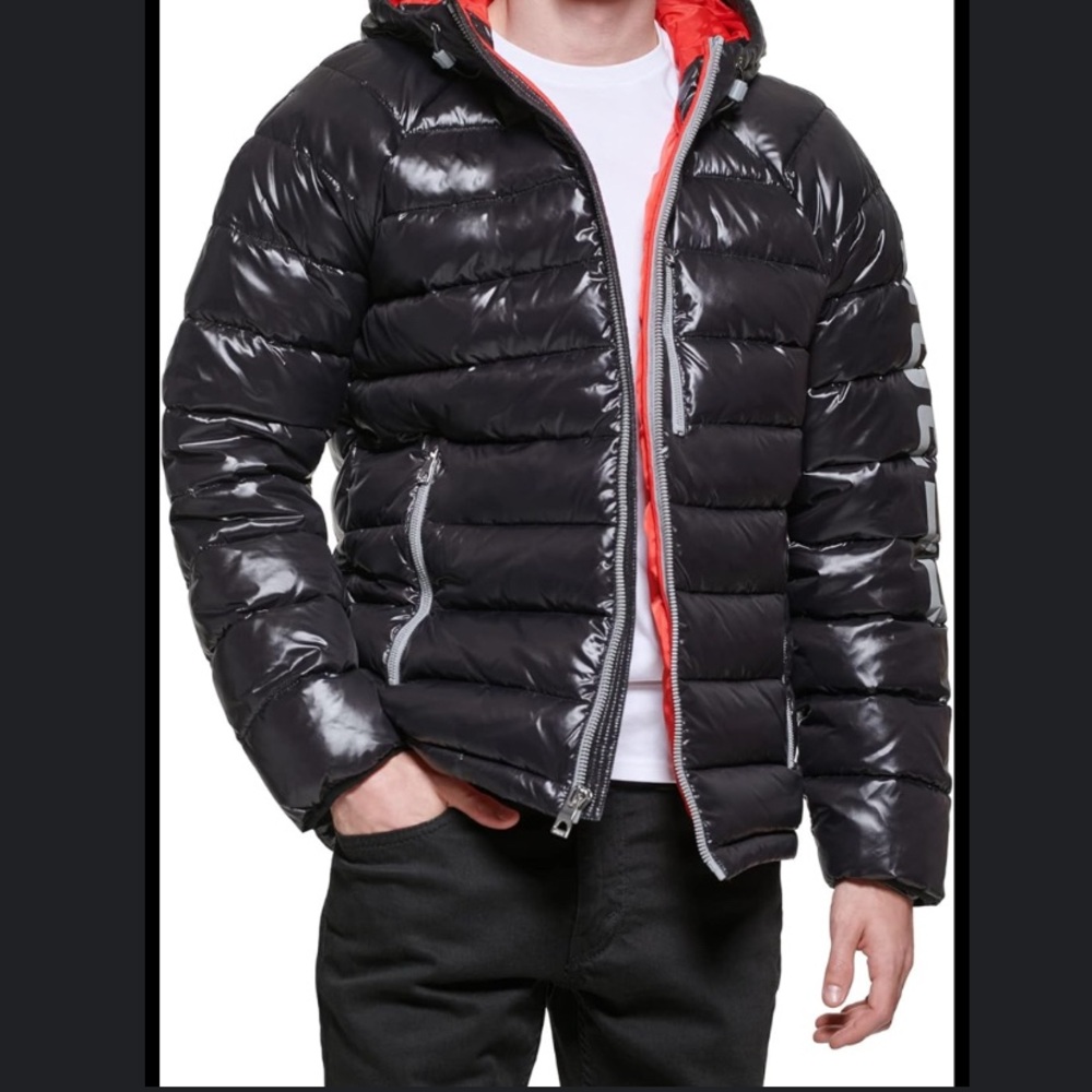 GUESS Men's Shiny Black Puffer Jacket with Red Lining